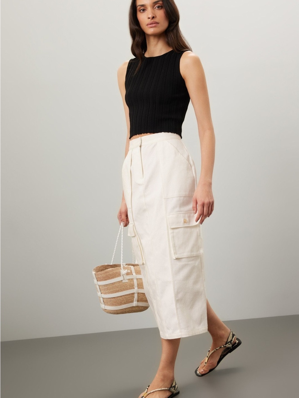 High-Rise Cream Cargo Midi Skirt with Utility Pockets - Picture 3 of 6